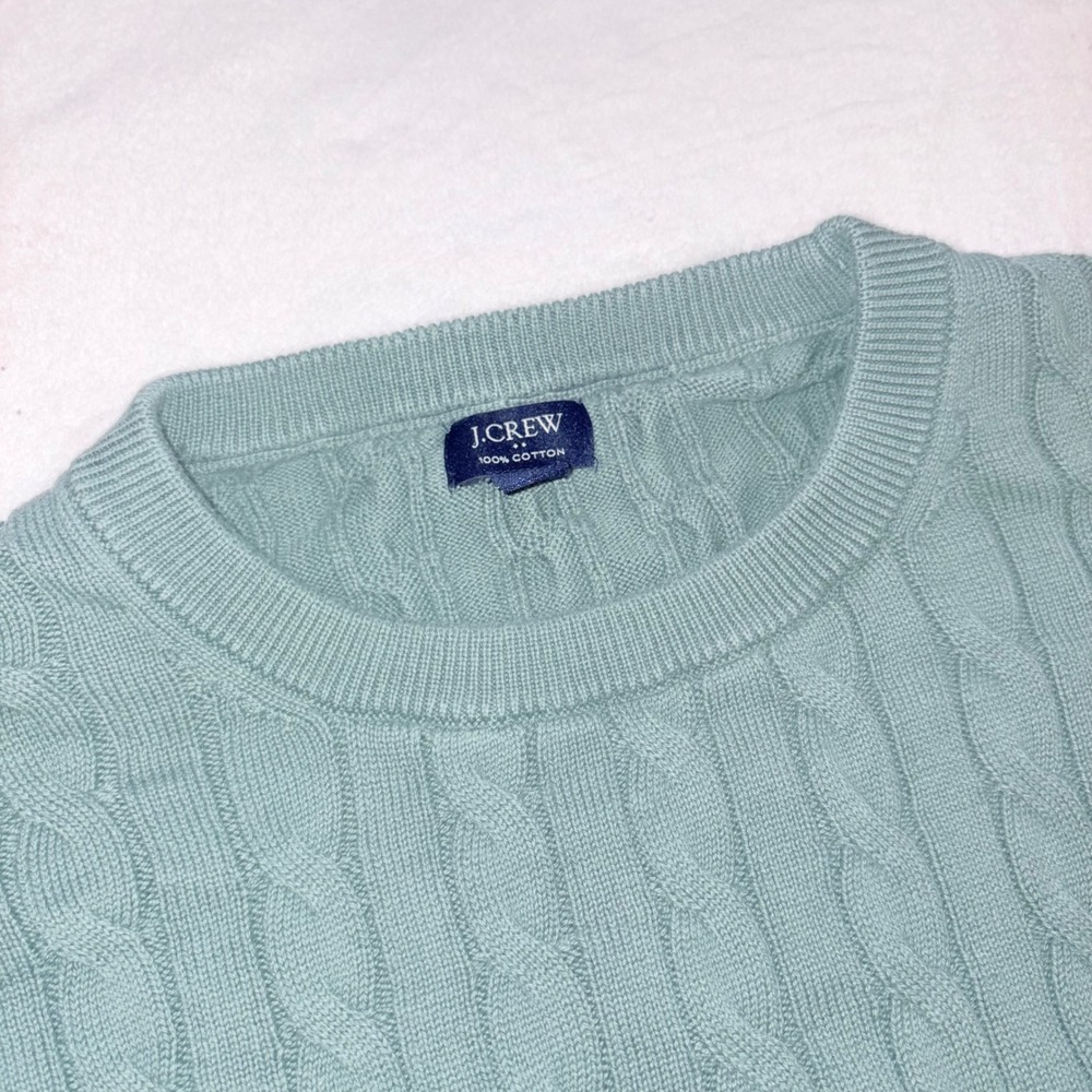 J.CREW Cable Knit Sweater Mens Medium Green Cotton Crewneck Fisherman - Picture 2 of 11